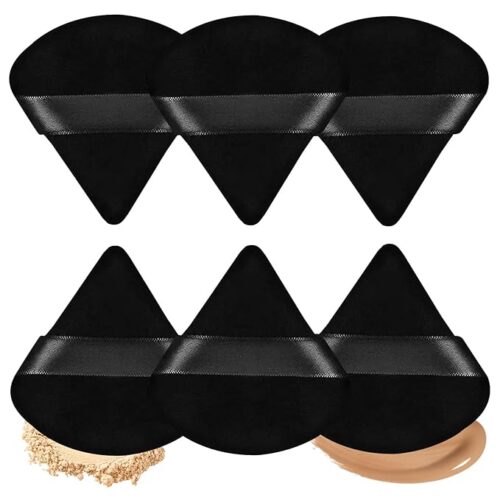 Triangle Powder Puffs 6pcs - Soft Face Makeup Puff for Loose Powder, Mineral Powder, Body Powder - Wedge Shape Velour Cosmetic Makeup Sponge for Contouring - Beauty Tools (Black)