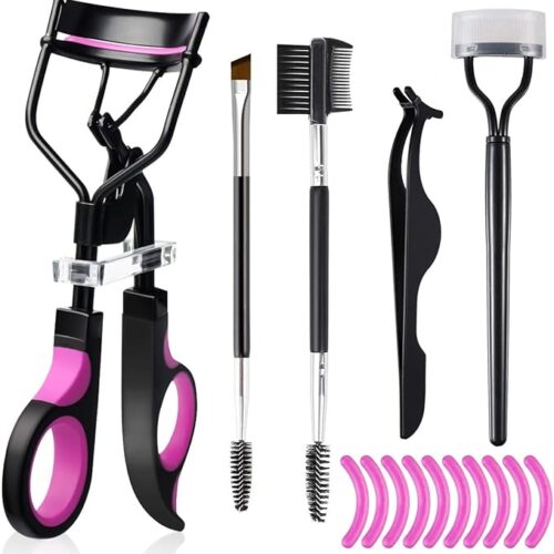 Eyelash Curlers Eyebrow Brush Kit for Women with Lash Curler, Eyelash Comb Separator, Mascara Brushes, Eyelash Extension Tweezers, Angled Eyebrow Brush and Comb - Includes 10 Silicone Refill Pads for Lash & Brow