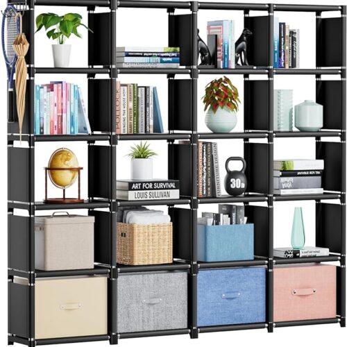a Mavivegue Book Shelf - 20 Cube Storage Organizer, DIY Bookcase, Metal Cube Bookshelf, Tall Bookcase for Bedroom, Living Room, Office, Closet Storage Organizer - Black Cubicle Storage Rack