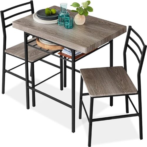 a Best Choice Products 3-Piece Modern Dining Set, Space-Saving Dinette for Kitchen or Dining Room, Small Space Solution with Steel Frame and Built-in Storage Rack - Gray