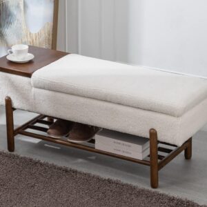 CIMOTA Entryway Storage Bench - Sherpa Upholstered Ottoman Bench with Wood Shoe Storage/Coffee Table - Ideal for Bedroom, Living Room, Hallway, Under Window - 46.5 Inches - Fur Beige