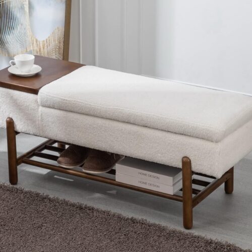 CIMOTA Entryway Storage Bench - Sherpa Upholstered Ottoman Bench with Wood Shoe Storage/Coffee Table - Ideal for Bedroom, Living Room, Hallway, Under Window - 46.5 Inches - Fur Beige