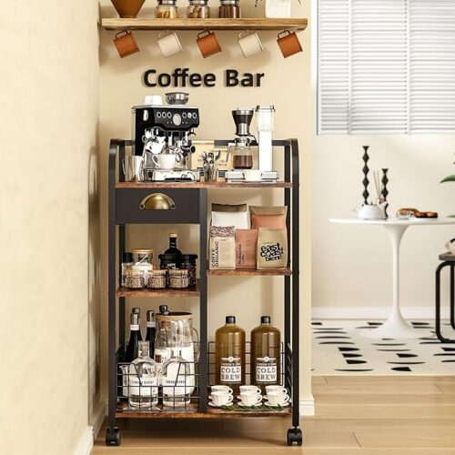 a Keomaisyto Rustic Wood Coffee Bar with Wheels, Mobile Coffee Table with Storage Drawer, 4-Tier Adjustable Coffee Cart for Kitchen, Entrance, Living Room, or Dining Room
