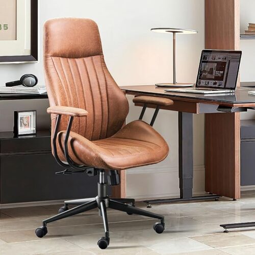 a Ovios Office Chair, Mid Century Modern Chair with Lumbar Support, Ergonomic High Back Suede Leather Executive Chair with Swivel Rolling Wheels - Brown