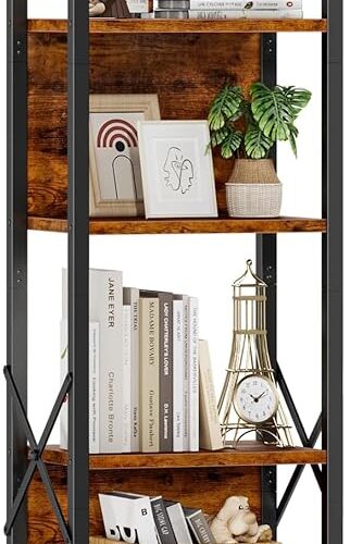 a Furologee 5 Tier Bookshelf with Back - Tall Narrow Bookcase - Rustic Standing Shelf Units - Metal and Wood Display Storage Rack Organizer for Bedroom, Living Room, Home Office, Entryway