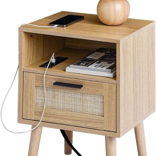 a - Copy Labcosi Mid Century Modern End Table - Natural Rattan Nightstand with Charging Station - Wooden Bedside Tables for Living Room and Bedroom - Natural Wood Side Table with Storage Drawer