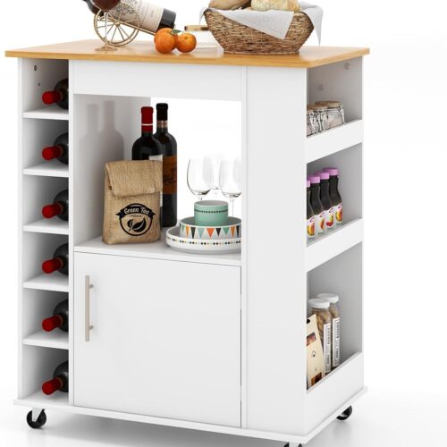 Giantex Kitchen Island - Mobile Kitchen Cart with Storage Cabinet, Bamboo Top, 6-Bottle Wine Rack, 3-Tier Spice Rack, Towel Holder - Rolling Microwave Cart for Dining Room or Coffee Bar, White