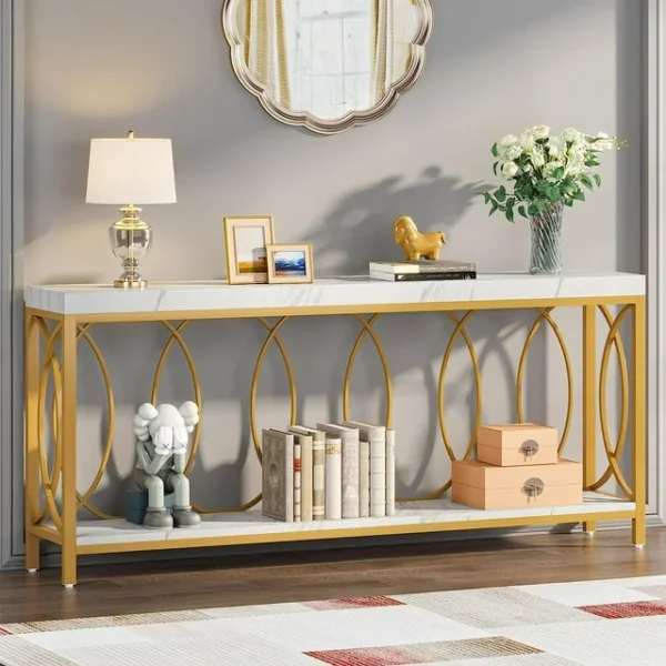 Tribesigns 71" Golden Faux Marble Console Table with Shelves - White Entryway & Living Room Table 1