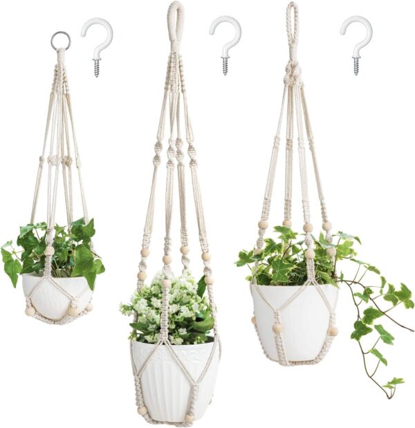 Mkono 3 Pack Macrame Plant Hangers Indoor - Different Size Hanging Planter Baskets Flower Pot Holders with Beads, No Tassels - Medium, Ivory (Sizes: 35"/29"/23") 1
