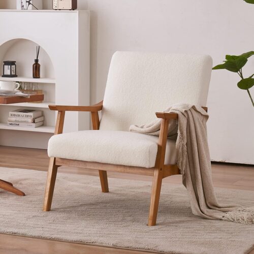 a1 Karl Home Mid-Century Accent Chair - Modern Retro Leisure Chair with Solid Wood Frame, Upholstered in Teddy Fleece Fabric - Single Sofa Armchair for Living Room, Bedroom, Balcony - Creamy-White