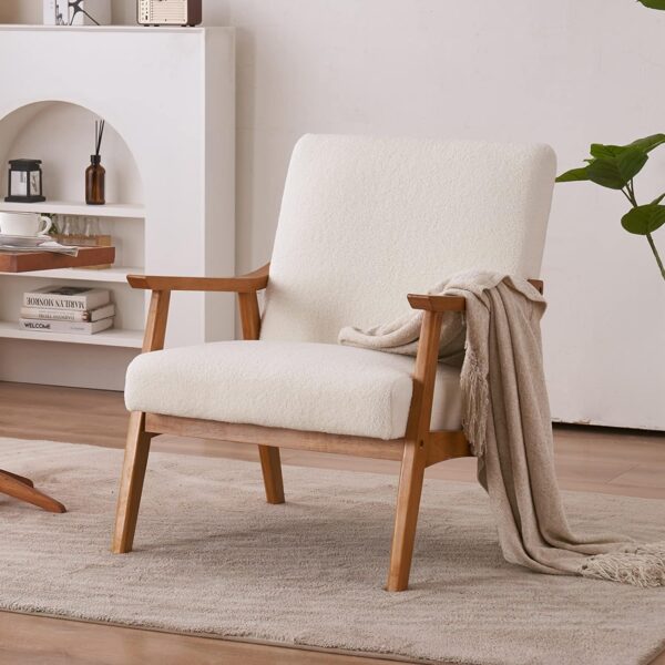 Karl Home Mid-Century Accent Chair - Modern Retro Leisure Chair with Solid Wood Frame, Upholstered in Teddy Fleece Fabric - Single Sofa Armchair for Living Room, Bedroom, Balcony - Creamy-White 1