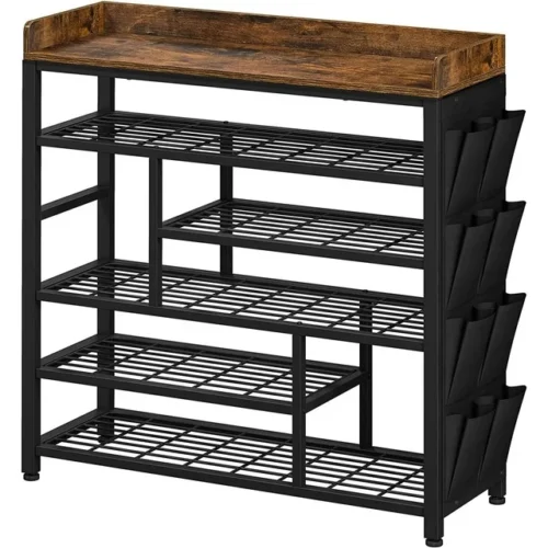 a1 EnHomee Shoe Rack for Entryway - Metal Shoe Rack with Boots Storage for 18-22 Pairs, Free Standing Entryway Shoe Shelf with Wooden Top & Side Pocket for Entry, Entrance, Hallway - Black
