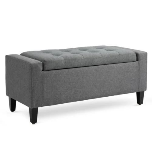 a1 HOMCOM Storage Ottoman - Linen Upholstered Storage Bench with Lift Top and Button Tufted for Living Room - Gray