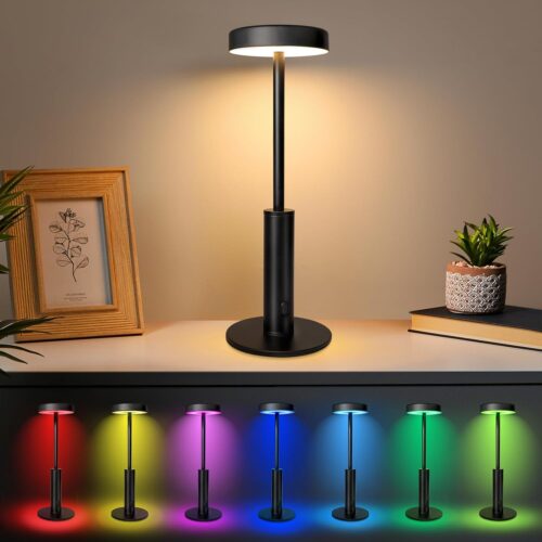 LED Cordless Table Lamp - Portable Rechargeable Battery Desk Lamp with 3 Color Stepless Dimming & RGB Color Changing, Touch Control Ambient Light for Restaurants, Bar, Patio, Cafe, Camping