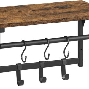 VASAGLE Wall Mounted Shelf with 8 Removable Hooks | Coat Rack Shelf for Entryway, Living Room, Kitchen, Bedroom | Rustic Brown and Black Finish | 15.7 x 9.4 x 9.4 Inches | Model: ULCR103B01