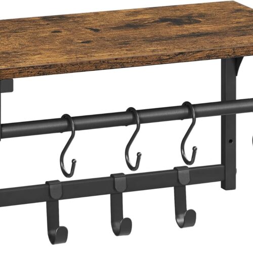 a1 VASAGLE Wall Mounted Shelf with 8 Removable Hooks | Coat Rack Shelf for Entryway, Living Room, Kitchen, Bedroom | Rustic Brown and Black Finish | 15.7 x 9.4 x 9.4 Inches | Model: ULCR103B01