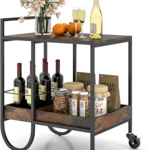 Giantex 2-Tier Bar Cart with Wine Rack | Home Coffee Bar Serving Cart for Liquor, Wine, and Beverages | Ideal for Dinner Parties | Rolling Kitchen Island Cart with Lockable Wheels | Perfect for Kitchen, Dining, and Living Room Use