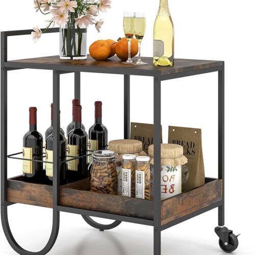 a1 Giantex 2-Tier Bar Cart with Wine Rack | Home Coffee Bar Serving Cart for Liquor, Wine, and Beverages | Ideal for Dinner Parties | Rolling Kitchen Island Cart with Lockable Wheels | Perfect for Kitchen, Dining, and Living Room Use