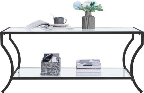 Yaheetech 2-Tier Glass Coffee Table with Storage Shelf - Modern Rectangle Center Table for Living Room, Home, Office - Black 2