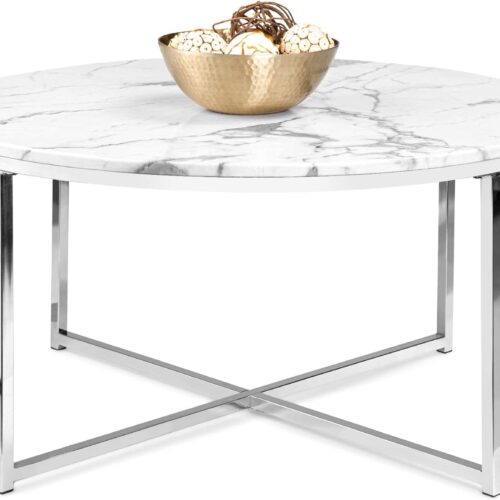 a1 Best Choice Products 36-inch Faux Marble Accent Table - Modern Large End Table for Living Room, Dining Room, Tea, Coffee - White/Chrome Finish with Metal Frame and Foot Caps