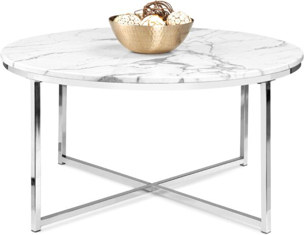 Best Choice Products 36-inch Faux Marble Accent Table - Modern Large End Table for Living Room, Dining Room, Tea, Coffee - White/Chrome Finish with Metal Frame and Foot Caps 1