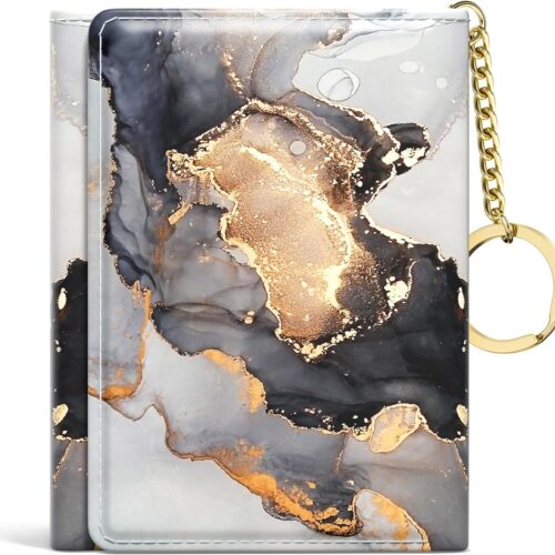 a1 Small Slim RFID Leather Clutch Wallet - 7 Card Slots, ID Window, Keychain - Black Gray Gold Marble Design