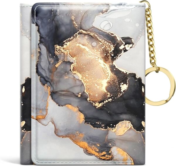 Small Slim RFID Leather Clutch Wallet - 7 Card Slots, ID Window, Keychain - Black Gray Gold Marble Design 1