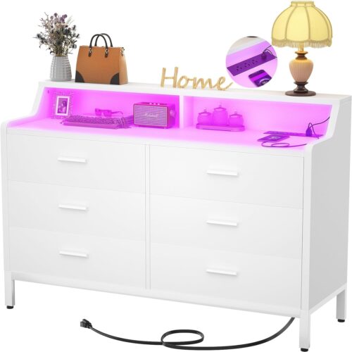 a1 6 Drawer Dresser for Bedroom - Wood Storage Dresser with Power Outlets and Smart LED Lights, Sturdy Modern Furniture - Wide Chest of Drawers for Living Room, Closet, Entryway - White