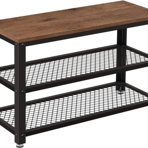 a1 VASAGLE 3-Tier Shoe Rack - 11.8 x 28.7 x 17.7 Inches - Hazelnut Brown and Black - Metal Mesh Shelves and Seat - Free Standing Shoe Organizer for Entryway