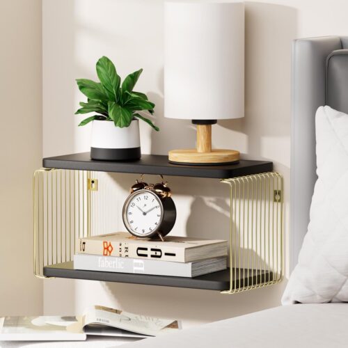 a1 Floating Nightstand Black and Gold - Wall Mounted Nightstand, Small Floating Bedside Wall Shelves for Bedroom - Floating Bed Side Table/Night Stand for Office, Living Room - Modern Decor