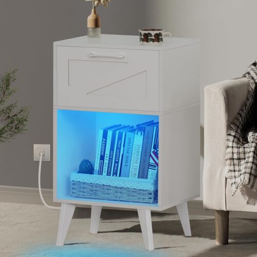 a1 Lerliuo Nightstand with Charging Station and LED Lights - Modern Bedside Table with Drawer and Open Storage Shelf - Night Stand with USB Ports and Outlets - White Wood Side Table for Bedroom