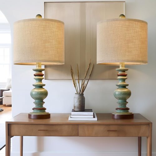 a1 BOBOMOMO 20" Farmhouse Lamps for Bedrooms - Set of 2, Retro Side Table Lamps for Bedside Nightstand Living Room - Green