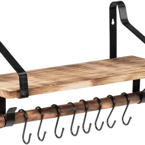 a1 Floating Shelf Wall Rack - Rustic Wood Kitchen Spice Rack with Towel Bar and 8 Removable Hooks for Organizing Cooking Utensils or Mugs