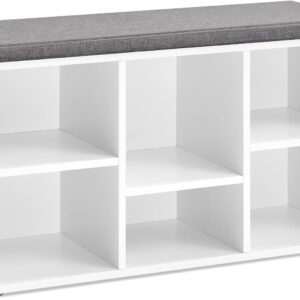 VASAGLE Shoe Bench - Shoe Storage Organizer with 6 Compartments and 3 Adjustable Shelves - Cushioned Seat - Compact and Narrow - for Entryway, Hallway, Closet - White and Gray ULHS23WT
