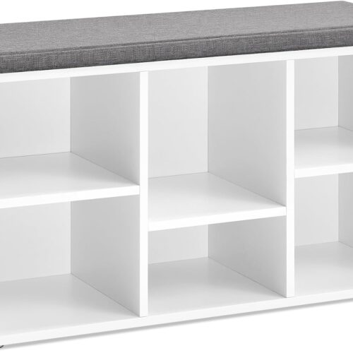 a1 VASAGLE Shoe Bench - Shoe Storage Organizer with 6 Compartments and 3 Adjustable Shelves - Cushioned Seat - Compact and Narrow - for Entryway, Hallway, Closet - White and Gray ULHS23WT
