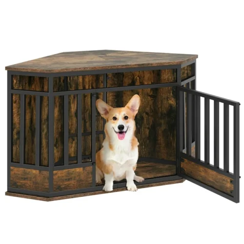 a1 Dextrus Corner Dog Crate Furniture - 43.9 inch Wooden Dog Kennel with Metal Mesh, End Table Design, Indoor Dog Cage, Dog House Pet Crate for Small, Medium, Large Dogs - Brown & Black