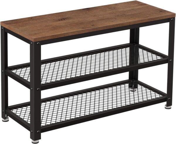 VASAGLE 3-Tier Shoe Rack - 11.8 x 28.7 x 17.7 Inches - Hazelnut Brown and Black - Metal Mesh Shelves and Seat - Free Standing Shoe Organizer for Entryway 1
