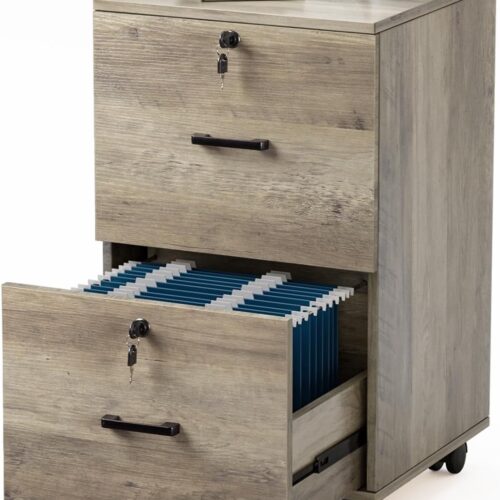 VINGLI 2-Drawer File Cabinet with Lock - Rustic Gray Wood File Cabinet for Letter Size File Folders with Tabs - Under Desk Rolling File Cabinets for Home Office - Mobile Filing Cabinet Printer Stand