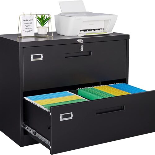 a1 Letaya Metal Lateral File Cabinets with Lock, 2 Drawer Steel Wide Filing Organization Storage Cabinets, Home Office Furniture for Hanging Files Letter/Legal/F4/A4 Size (Black-2 Drawer)
