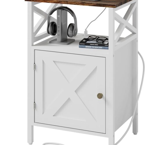 a1 LDTTCUK Side Table with Charging Station - End Table with Power Outlet & USB Ports - Nightstand with 2 Tiers Storage Space and Cabinet - Sofa Side Table for Bedroom, Living Room, Office - White