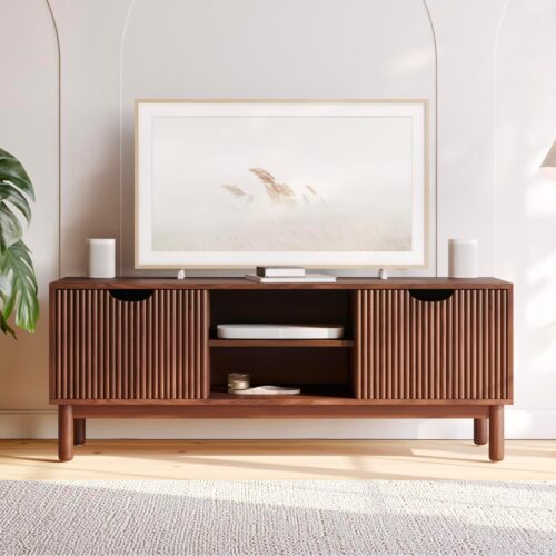 a1 Low Profile Fluted TV Stand - Mid Century Media Console - Living Room Furniture - 48” Entertainment Center with Shelves and Doors - Fits 55" TVs - Modern Home Decor (Walnut Finish)