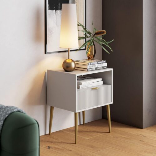 Nathan James Mid-Century Accent Side Table with Storage - Wood Frame - White/Gold Finish