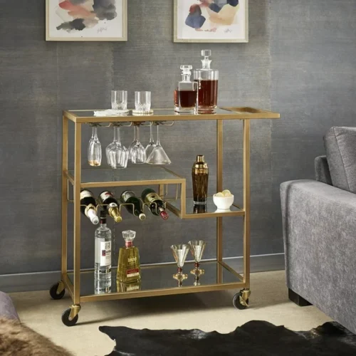 a1 Chelsea Lane Mirror Glass Top Metal Bar Cart - Champagne Gold Finish