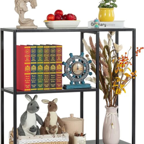 a1 Metal Console Table with 3-Tier Storage Rack - Industrial Entryway Table - Narrow Hallway Sofa Table - Black Finish