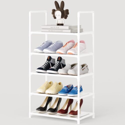 "Small Shoe Rack - Stackable Shoe Stand Organizer Storage - Narrow Sturdy Shoe Shelf for Closet, Entryway, Hallway - White (Set of 5)