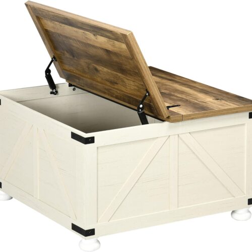 HOMCOM Farmhouse Coffee Table - Square Coffee Table with Storage for Living Room - Center Table with Hinged Flip Lift Top and Hidden Space - Antique White Finish