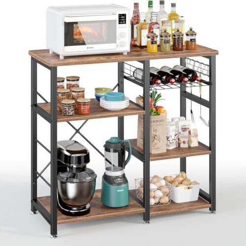 a1 3-Tier Bakers Rack for Kitchen with Storage - Utility Microwave Oven Stand, Industrial Style with Cabinet and Hooks - Vintage Brown