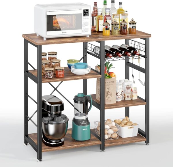 3-Tier Bakers Rack for Kitchen with Storage - Utility Microwave Oven Stand, Industrial Style with Cabinet and Hooks - Vintage Brown 1