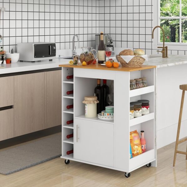 Giantex Kitchen Island - Mobile Kitchen Cart with Storage Cabinet, Bamboo Top, 6-Bottle Wine Rack, 3-Tier Spice Rack, Towel Holder - Rolling Microwave Cart for Dining Room or Coffee Bar, White 2