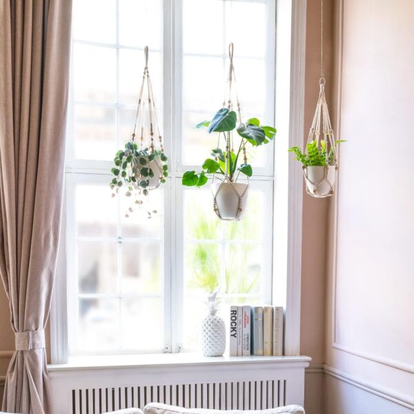 Mkono 3 Pack Macrame Plant Hangers Indoor - Different Size Hanging Planter Baskets Flower Pot Holders with Beads, No Tassels - Medium, Ivory (Sizes: 35"/29"/23") 2